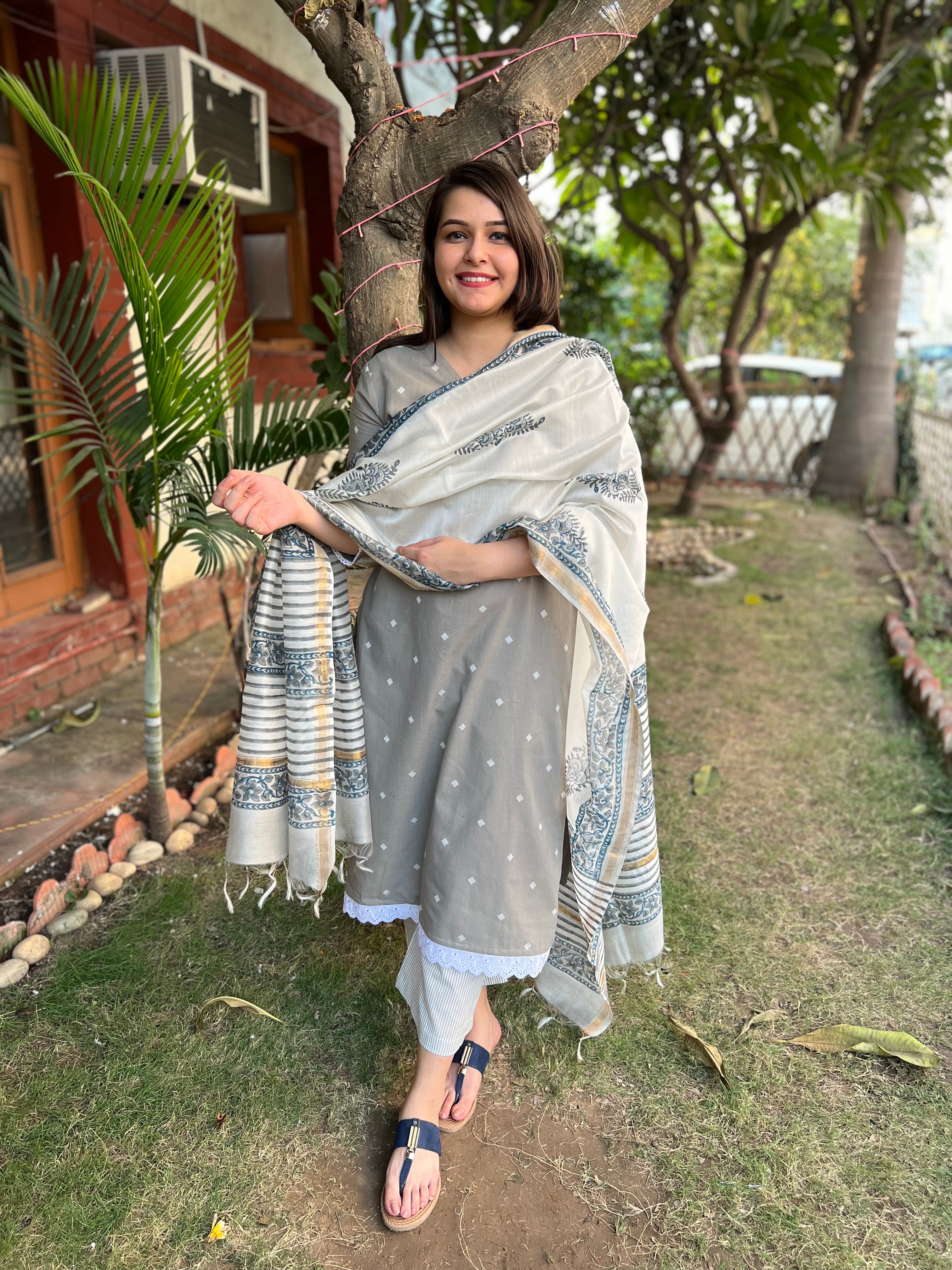 Slate Grey Kurta with handblock Chanderi duppata - MYSANSKRITAM