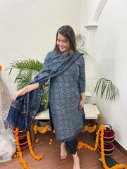 Ajrakh Chanderi Indigo kurta duppata set - MYSANSKRITAM