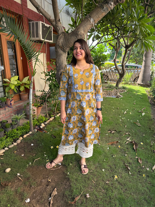 Mustard floral jaal yoke Kurta