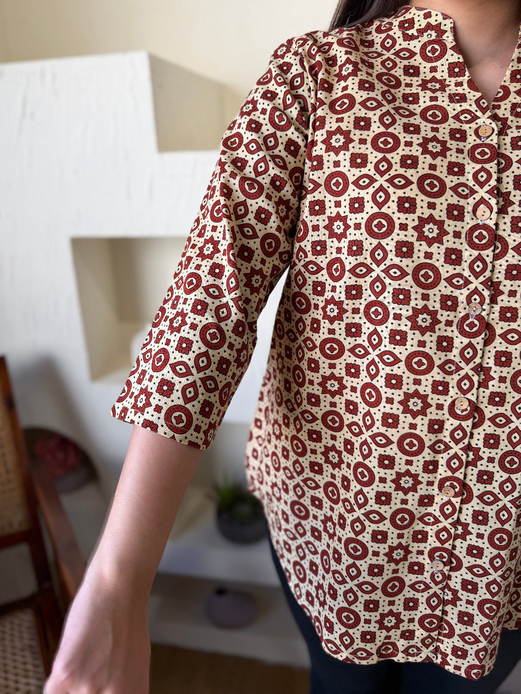 Cream Maroon Geometric Shirt sleeve detailing by Sanskritam