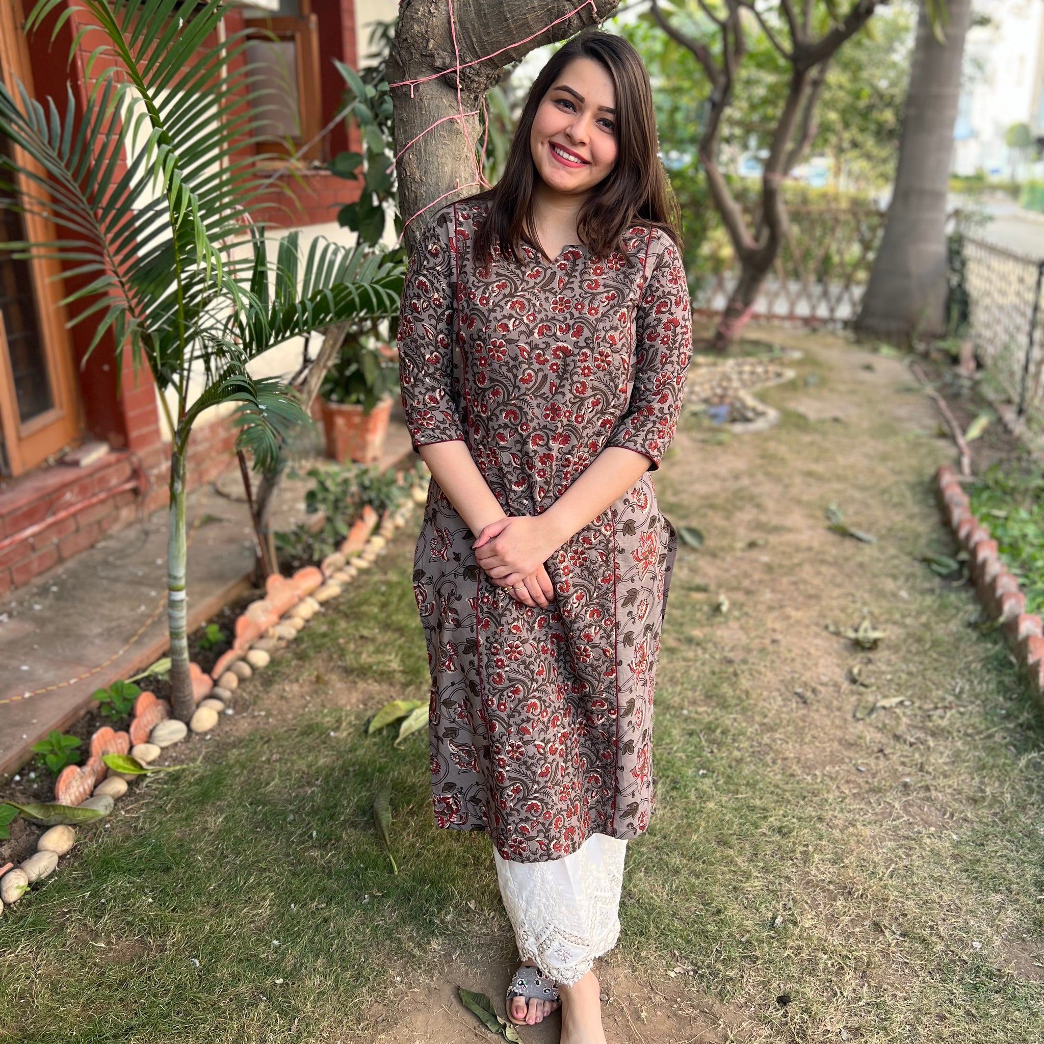 Brown floral kali kurta