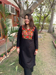 Black woollen embroidered Yoke kurta