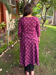 Wine Small Flower V-neck A-line Kurta from the back by MySanskritam