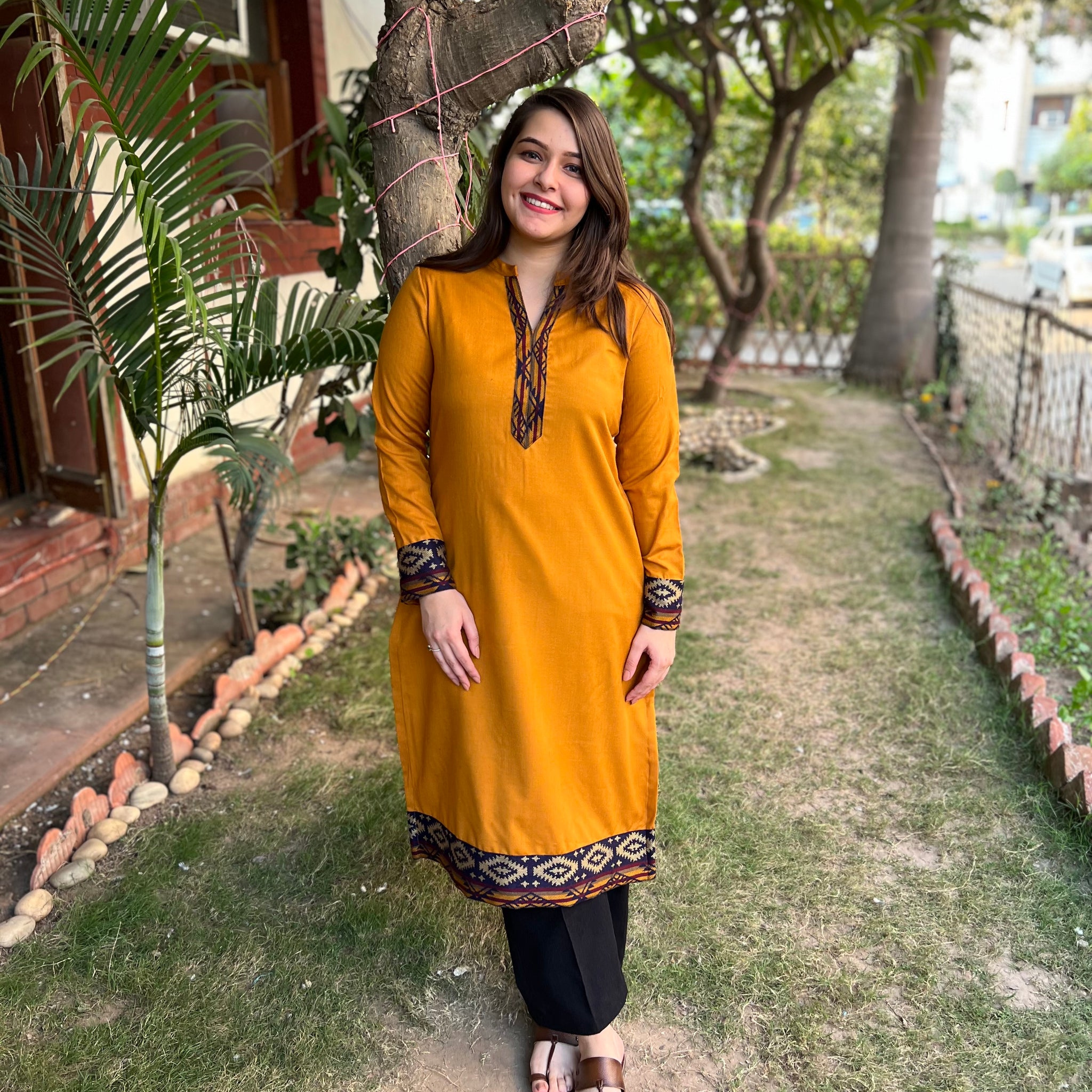 Mustard woollen Border kurta - MYSANSKRITAM