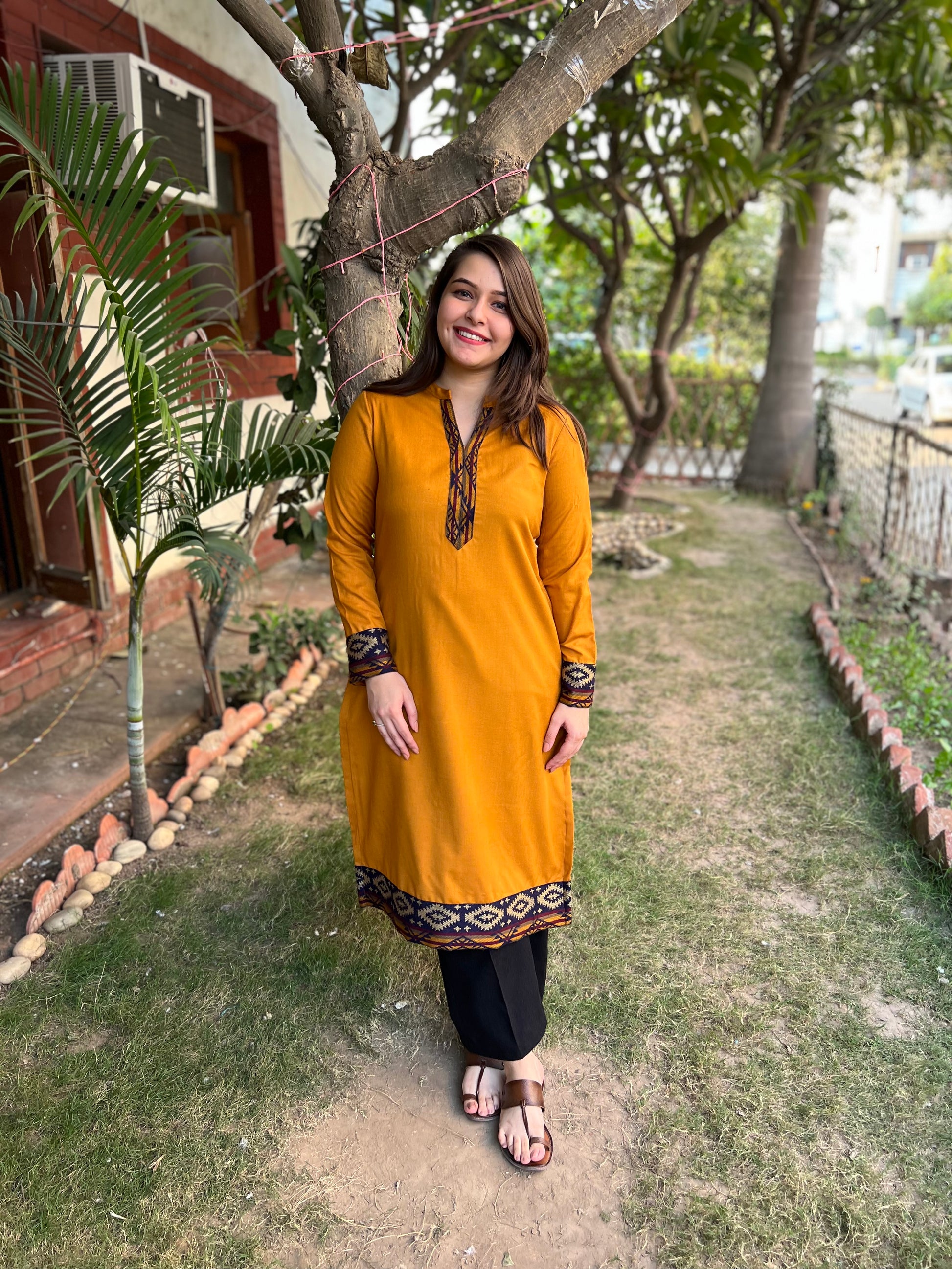 Mustard woollen Border kurta - MYSANSKRITAM