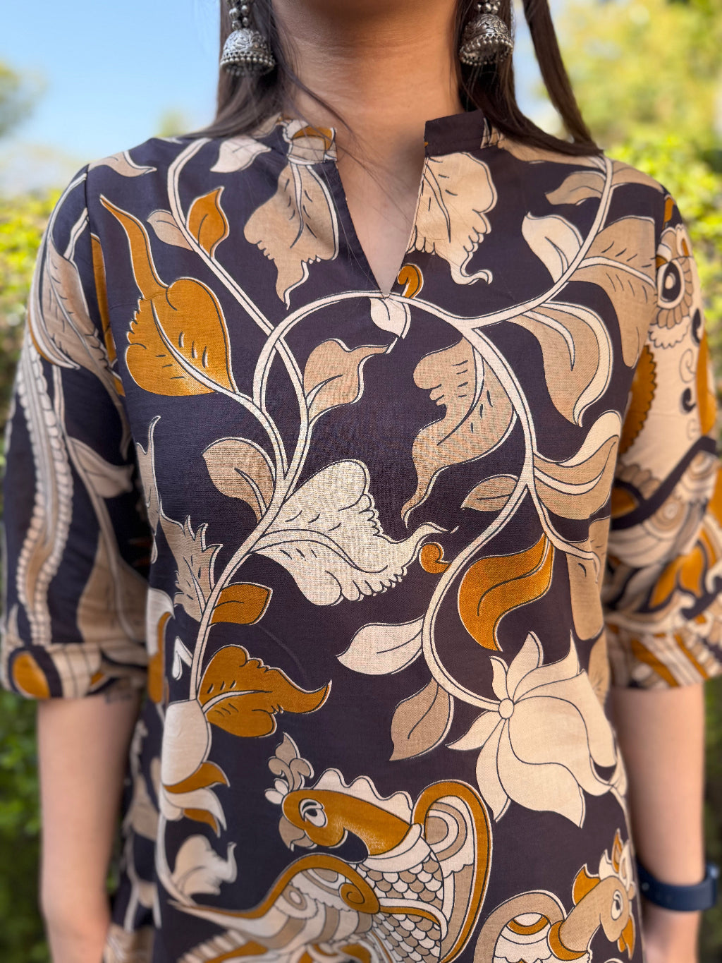 Black Overall Kalamkari Top Close Up by MySanskritam