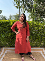 Rust Aline kurta with embroidered yoke on neck