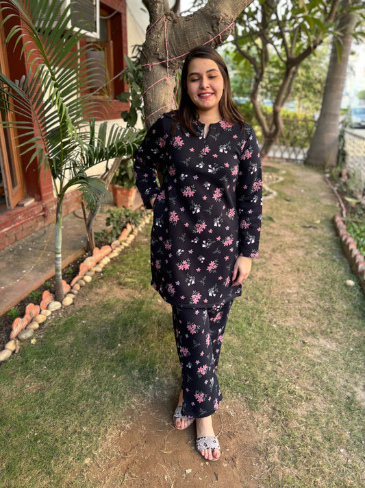 Navy floral fleece woollen fabric kurti top