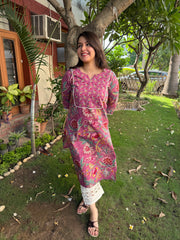 Onion pink floral jaal yoke Kurta