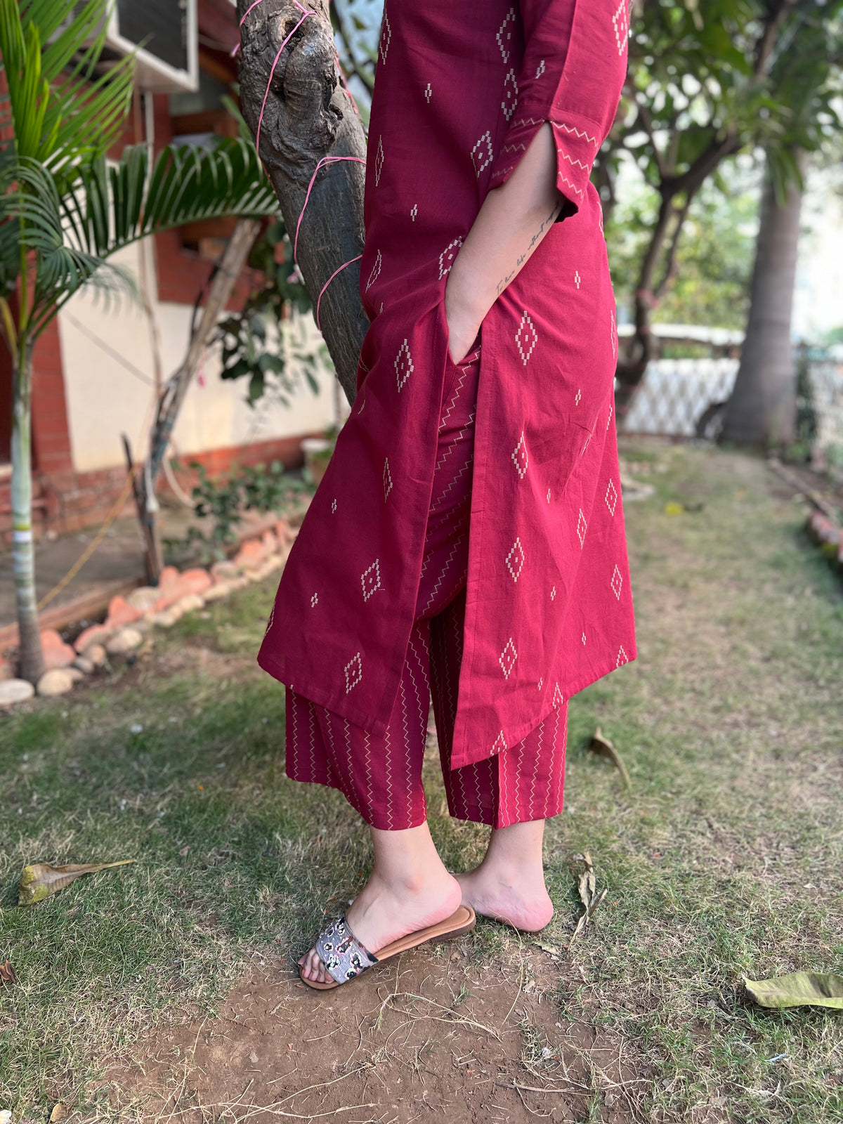 Maroon South Cotton zig zag palazzo - MYSANSKRITAM