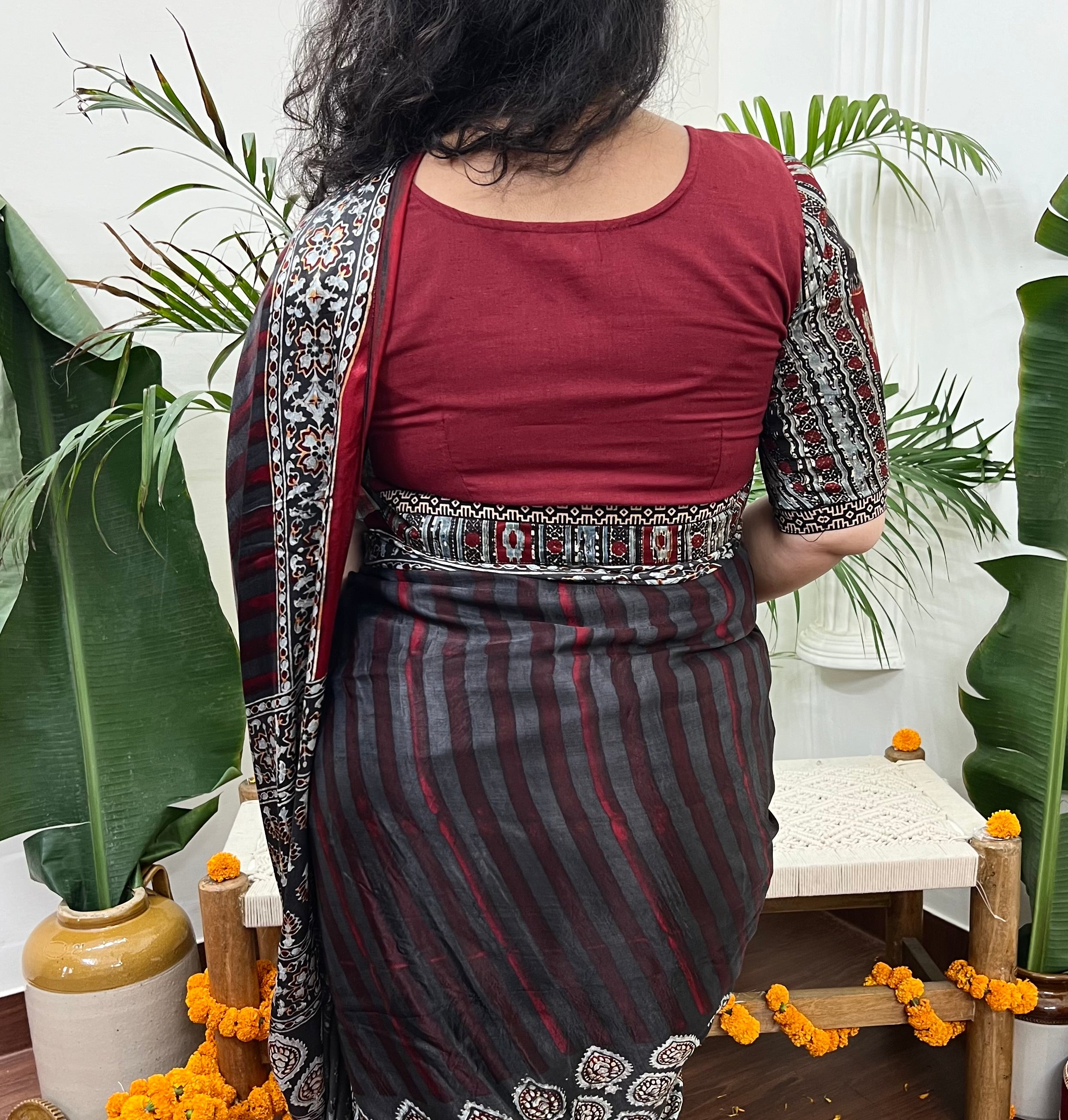 Maroon blouse with contrast sleeves - MYSANSKRITAM