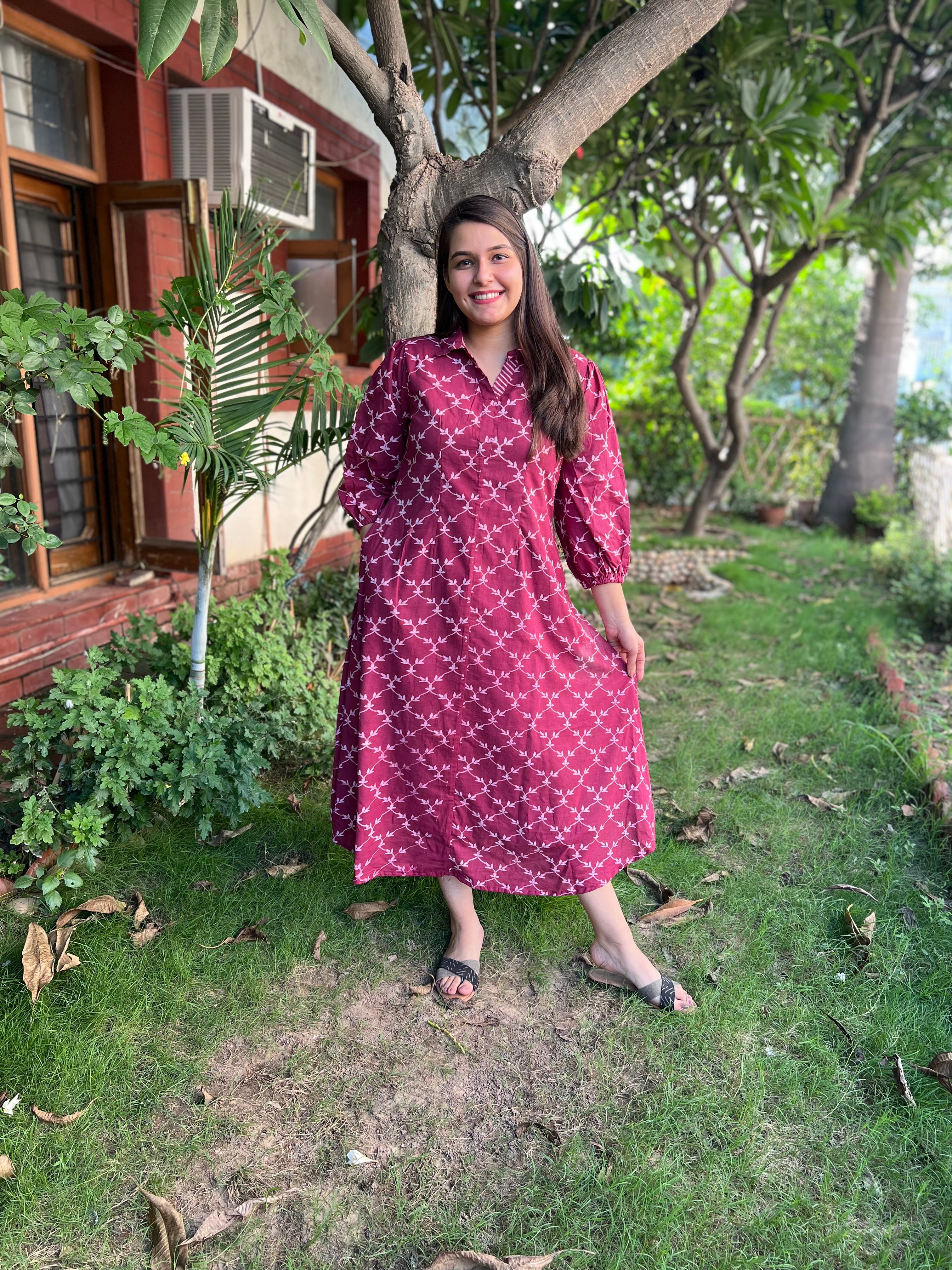 Onion Pink Jaal bagru dress with Pockets