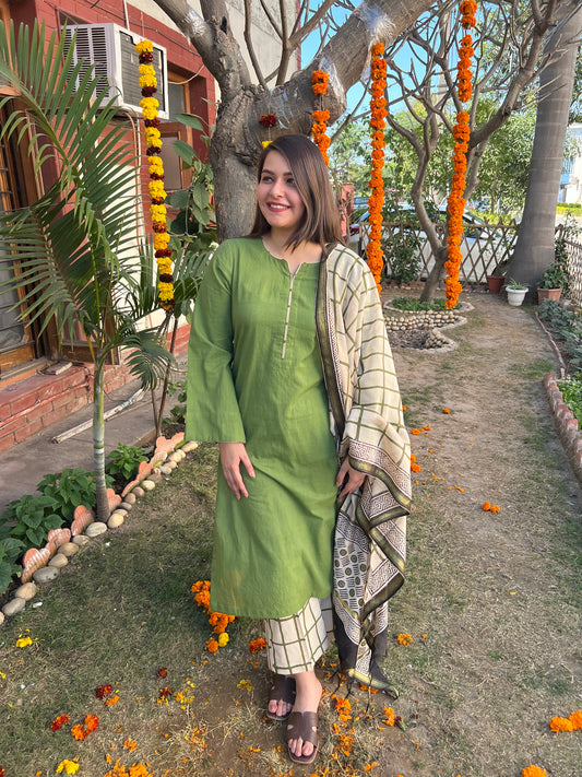 Mehendi green full suit set with chanderi duppata