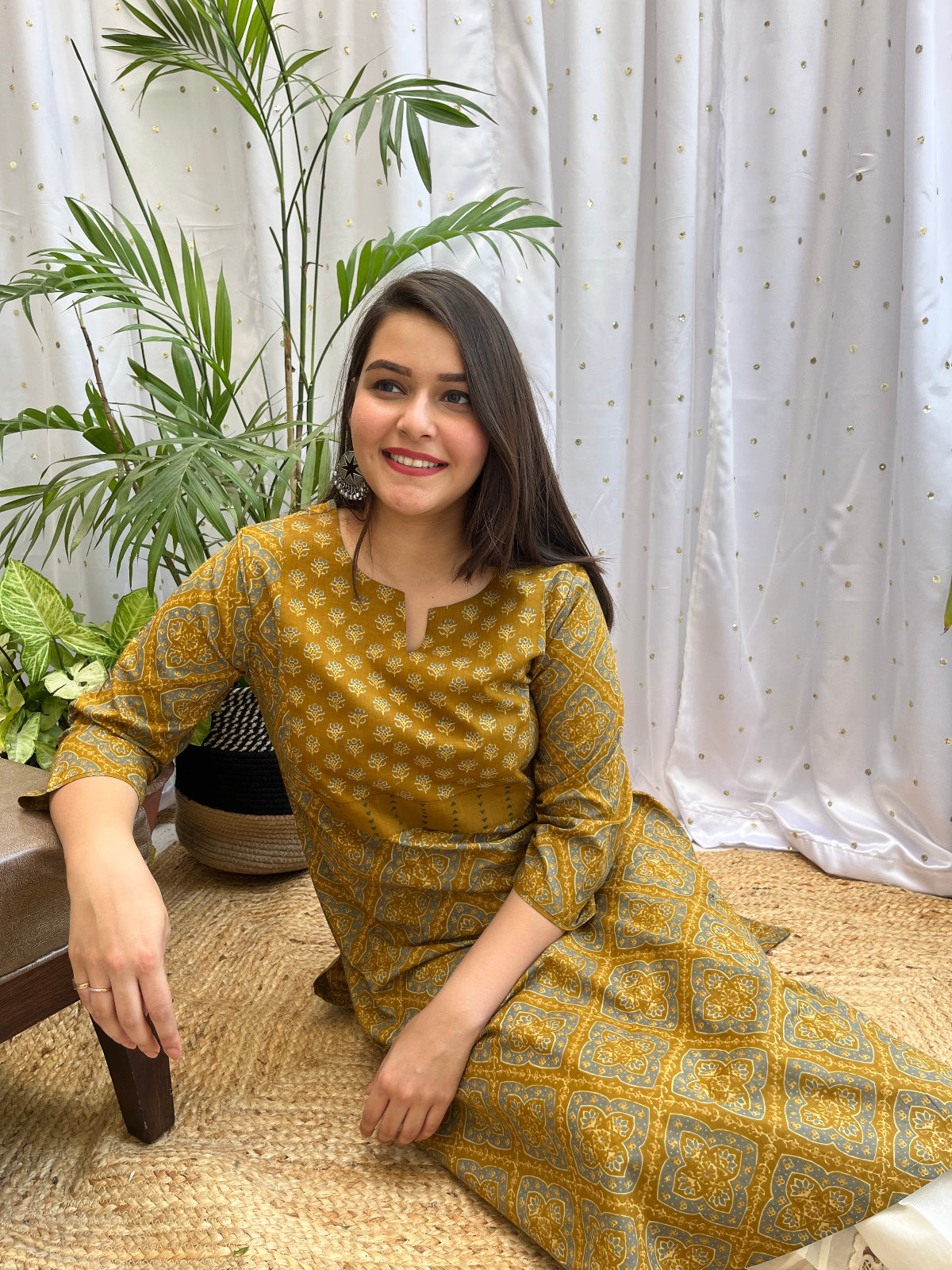 Mustard Geometric Yoke Kurta - MYSANSKRITAM