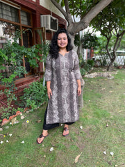 Mouse color Bagru lacework kurta - MYSANSKRITAM