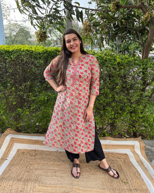 Beige floral handblock printed kurta