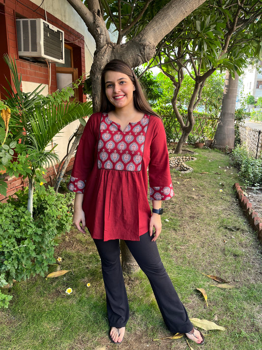 Maroon Gather kurti - MYSANSKRITAM