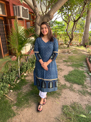 Indigo Ajrakh Border style designer Kurta - MYSANSKRITAM