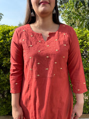 Rust Aline kurta with embroidered yoke on neck