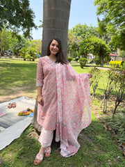 Peach grey floral handblock full suit set