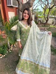 Green Handblock Suit set with Mulmul Duppata - MYSANSKRITAM