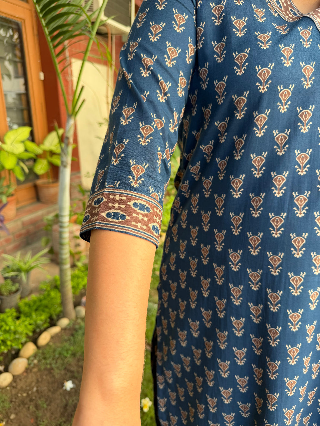 Dark Blue Buti V-neck Kurta sleeve by MySanskritam