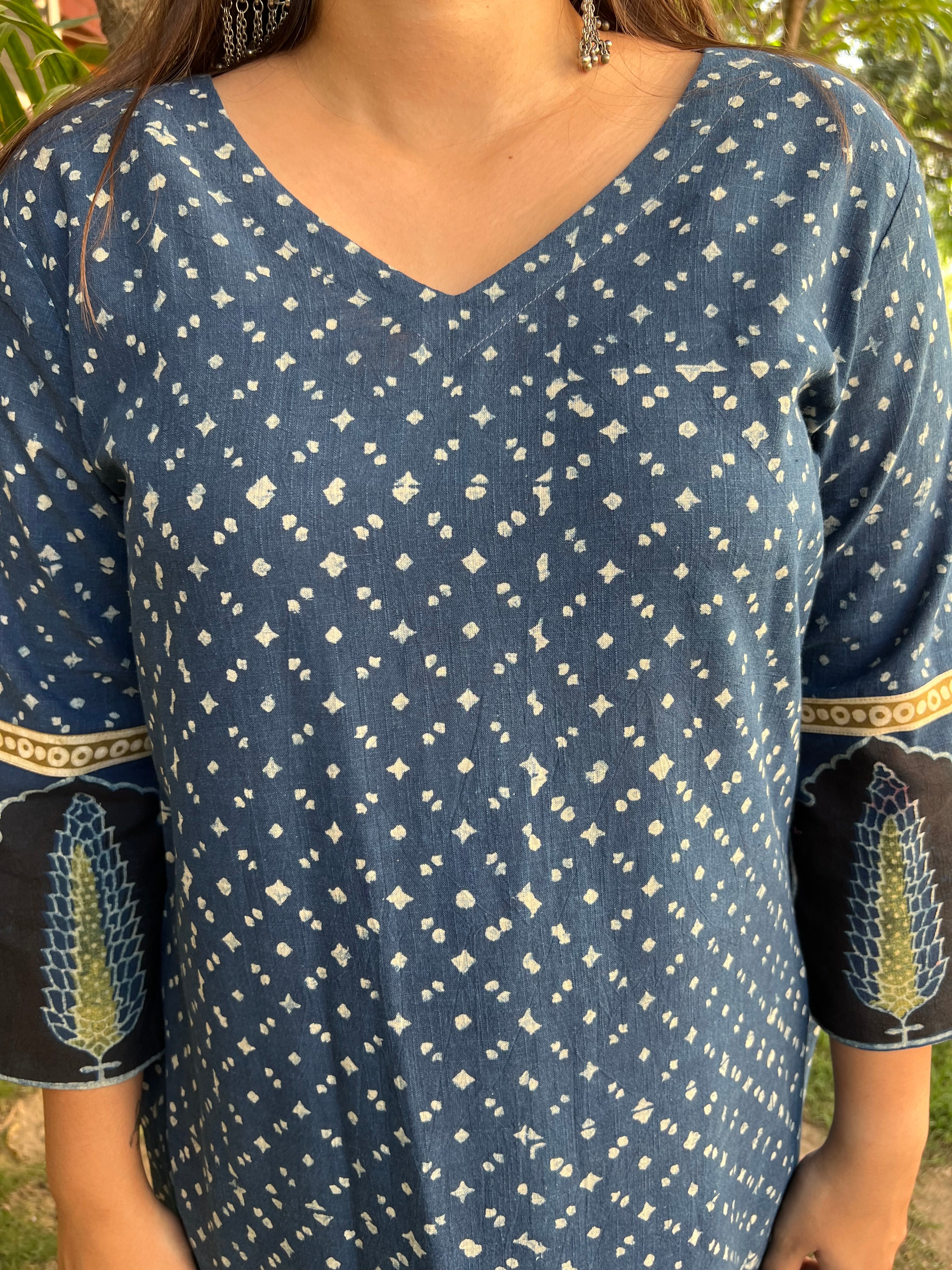 Indigo Ajrakh Border style designer Kurta - MYSANSKRITAM