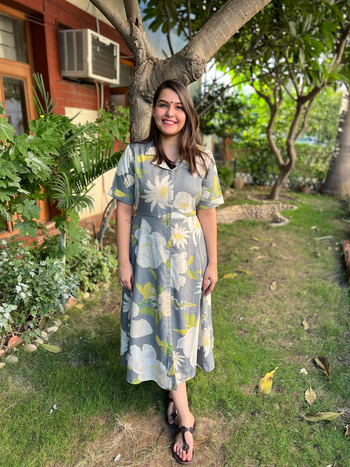 Grey Floral dress with collar - MYSANSKRITAM