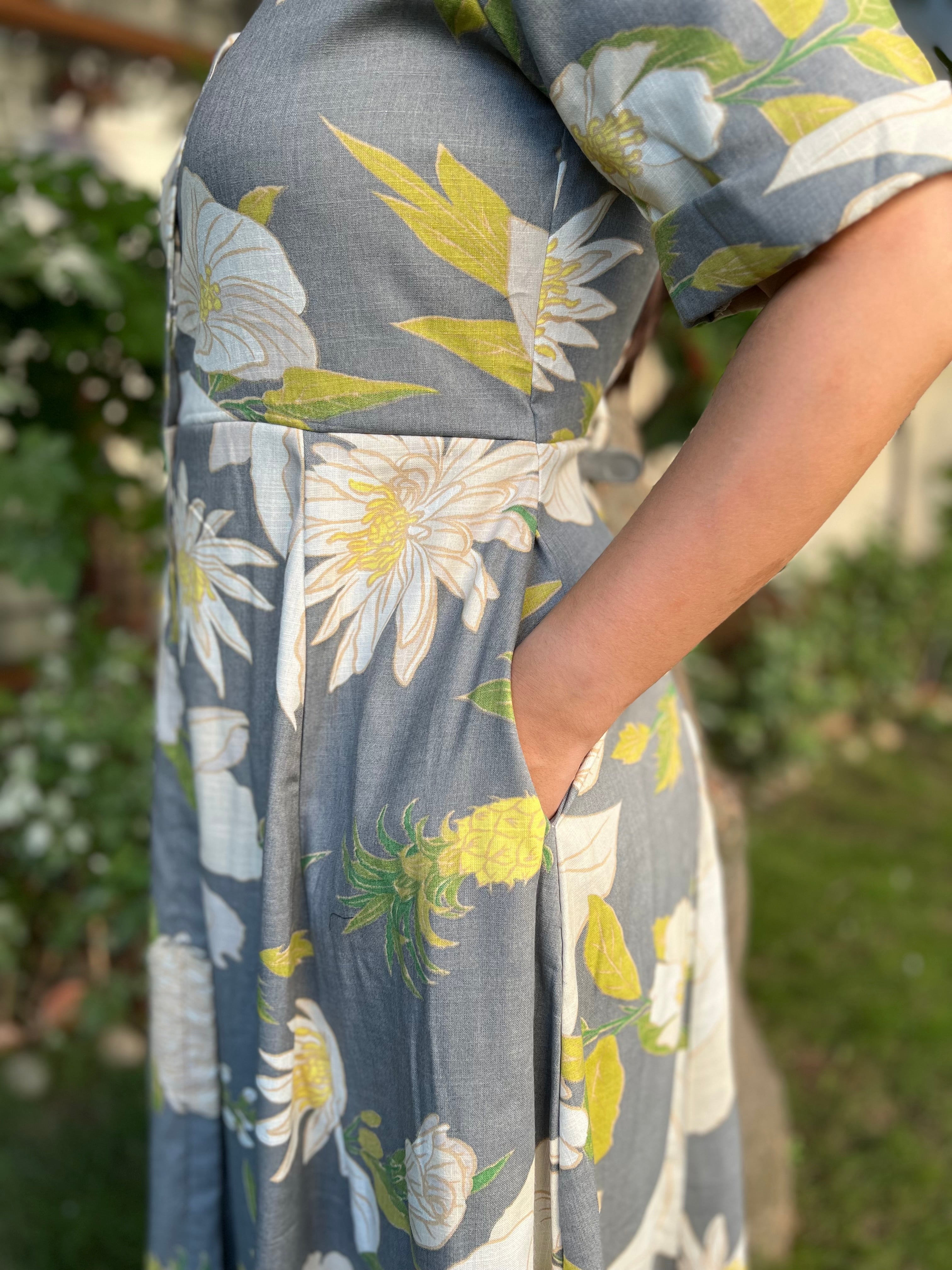 Grey Floral dress with collar - MYSANSKRITAM