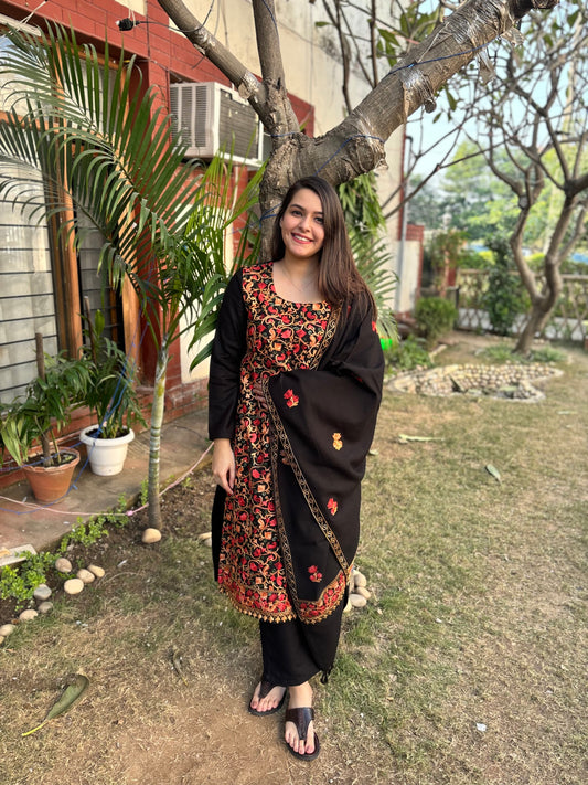 Black embroidered woollen suit set