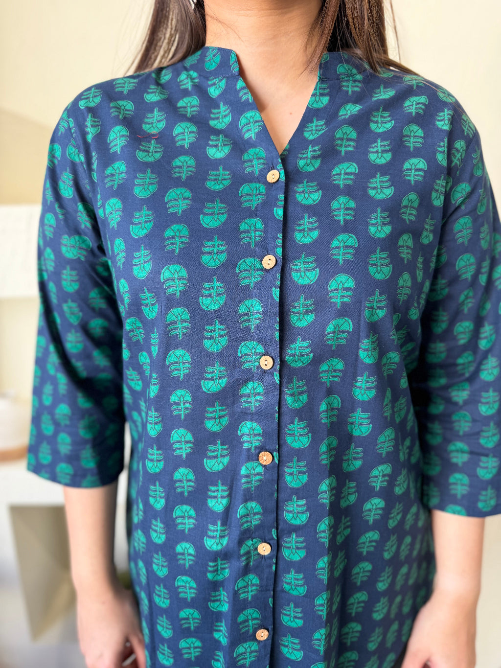 Indigo Green Buta Shirt close up by MySanskritam