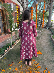 Wine Ikkat print A-Line kurta with pocket