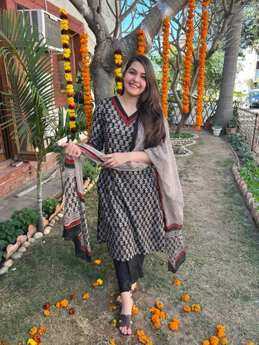 Black Handblock printed kurta with duppata