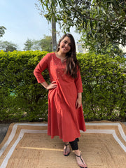 Rust Aline kurta with embroidered yoke on neck