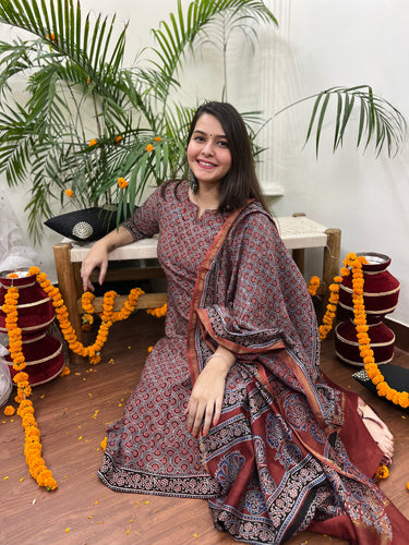 Maroon chanderi ajrakh full suit set