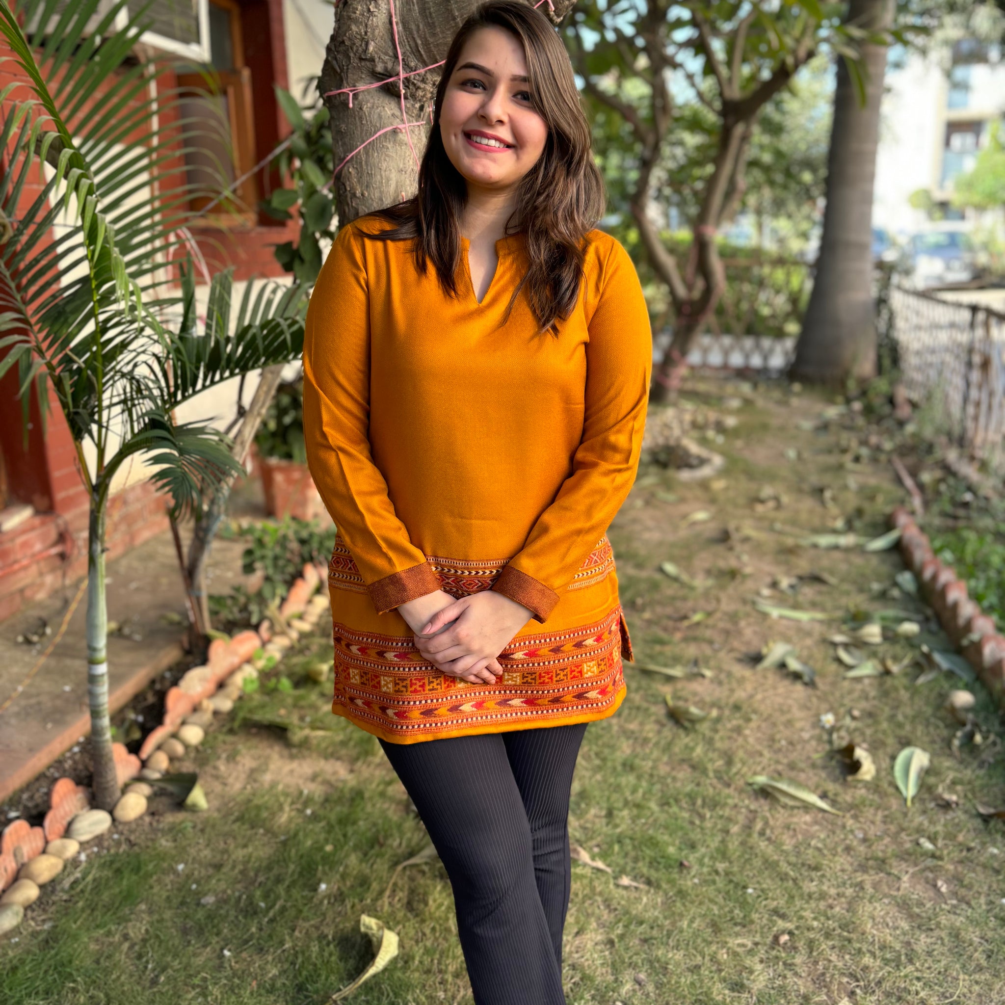 Mustard Kullu border woollen short kurti