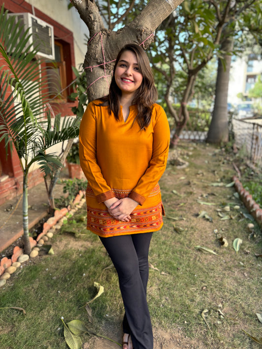 Mustard Kullu border woollen short kurti