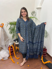 Ajrakh Chanderi Indigo kurta duppata set - MYSANSKRITAM