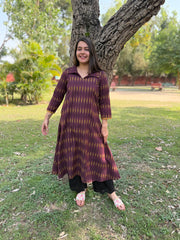 Brown Aline Ikkat Kali kurta with Pocket