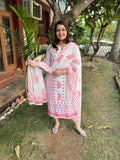 Pink Chikan Handblock printed full suit set - MYSANSKRITAM