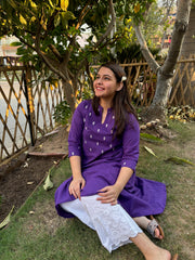 Purple embroidered yoke A-line kurta with pockets