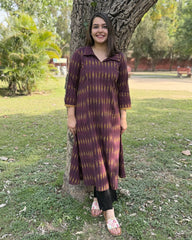 Brown Aline Ikkat Kali kurta with Pocket
