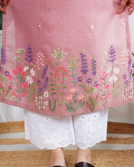 Pink floral embroidered linen kurta