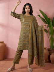Mustard Ajrakh Cotton Suit Set