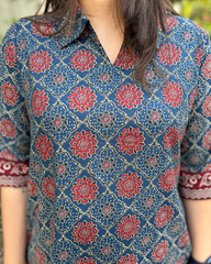 Indigo geometric collar kurta with pocket