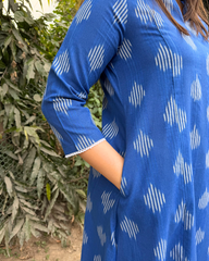 Royal blue ikkat A-line kurta with pocket
