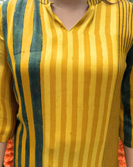Mustard green lines modal silk kurta