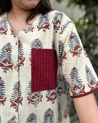 Beige handblock shirt with kantha pocket