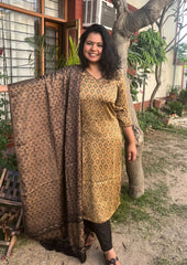 Beige Buti Ajrakh Handblock Modal Kurta Duppata set - MYSANSKRITAM