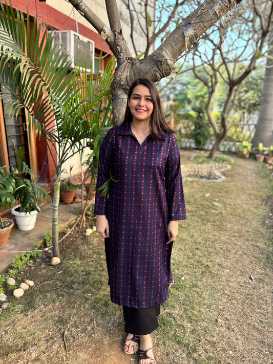 Royal blue geometric woollen Kurta